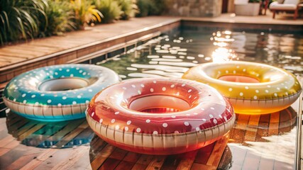 Three inflatable pool floats are floating in a pool