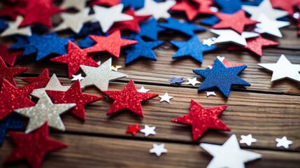 Patriotic Celebration with Star-Shaped Confetti on Wooden Table for Independence Day Party