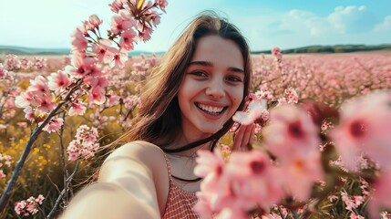 Happy young woman taking a selfie in a blooming flower field on a sunny day capturing joy and nature's beauty
