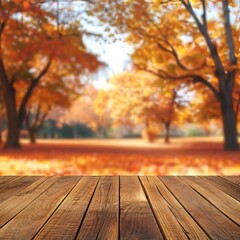 Wooden Table Top With Autumn Scene Background