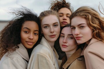 Obraz premium Beauty image of a group of middle women in natural-coloured outfits Skin care Cosmetics