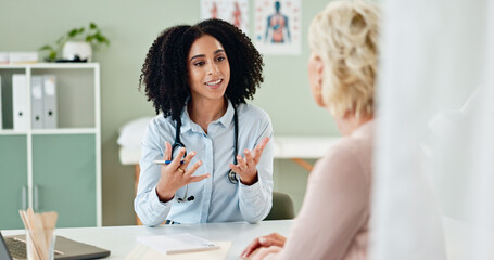 Woman, doctor and consultation with patient for medication, prescription or diagnosis at hospital. Female person talking or consulting to client for dosage, procedure or results at office or clinic