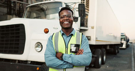 Man, portrait and outdoor at warehouse with confidence for logistics, gear for safety and smile for health. Male driver, happy and outside factory with semi truck for supply chain, job with transport © HockleyM1/peopleimages.com