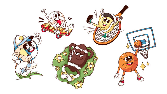 Naklejki Groovy sport game balls cartoon characters set. Funny retro balls of rugby and volleyball, basketball and tennis, soccer. Championship mascot, cartoon stickers of 70s 80s style vector illustration