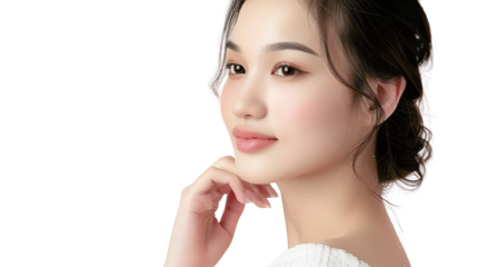 A young woman with dark hair and flawless skin looks off to the side, hand resting on her chin.