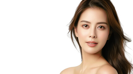 Fototapeta premium A beautiful woman with long brown hair, looking directly at the camera with a soft smile.