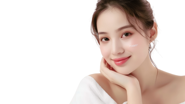 A young woman with a radiant smile, her hand gently resting on her chin. Her skin is smooth and glowing.