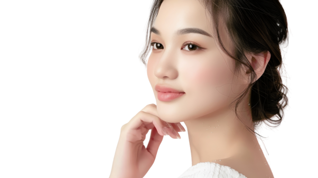 A young woman with dark hair and flawless skin looks off to the side, hand resting on her chin.