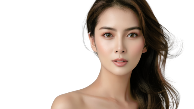 A beautiful woman with long brown hair and flawless skin looks directly at the camera. Her expression is confident and serene.