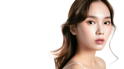 A beautiful woman with long brown hair and soft makeup looks directly at the camera. Her skin is flawless and her expression is neutral.