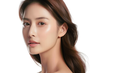 Fototapeta premium A beautiful woman with long brown hair, looking at the camera with a soft expression. Her skin is flawless and her eyes are sparkling.