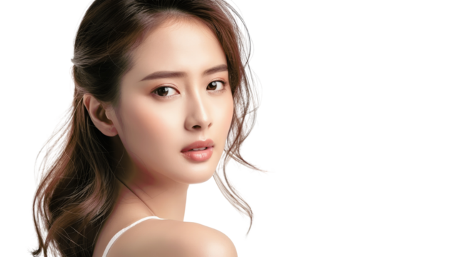 A beautiful woman with long brown hair looks over her shoulder with a soft, elegant smile