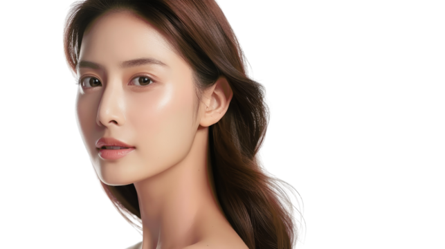 A beautiful woman with long brown hair, looking at the camera with a soft expression.  Her skin is flawless and her eyes are sparkling. - Powered by Adobe