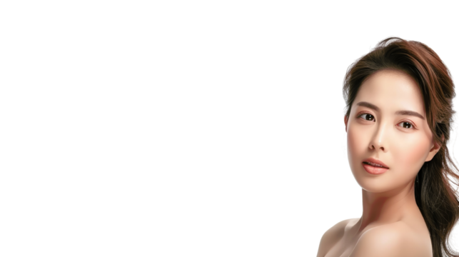 A beautiful woman with long brown hair looks to the side with a soft smile on her face.