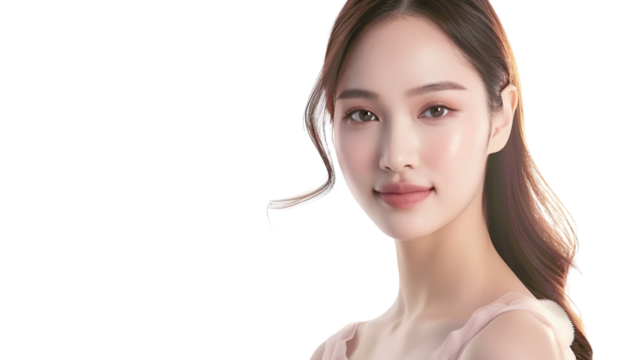 A beautiful woman with long dark hair looks directly at the camera with a soft smile.  Her skin is flawless and she is wearing a pink dress.