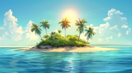 Obraz premium Paradise Found: Vibrant Tropical Island with Clear Blue Skies, Sun, and Palm Trees - Ideal Vacation Destination Illustration