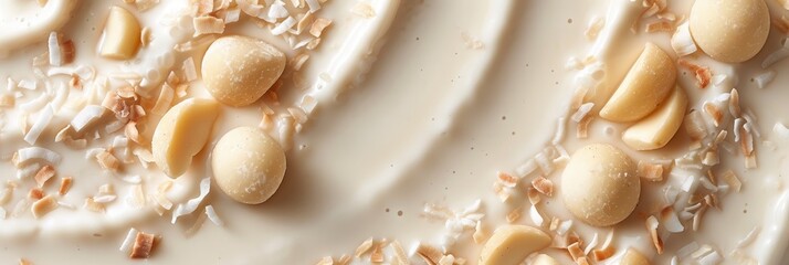 CloseUp of Creamy White Chocolate with Macadamia Nuts and Coconut Flakes