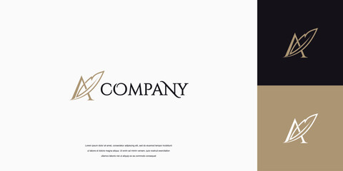 Simple feather signature logo design, lettering feather logo vector illustration