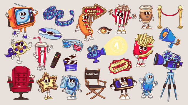 Naklejki Groovy cartoon cinema characters and stickers set. Funny retro comic movie festival, food and cinema theater equipment mascots, cartoon funky emoji and personages of 70s 80s style vector illustration