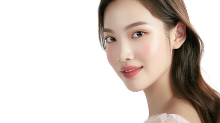 Fototapeta premium A young woman with long dark hair smiles softly at the camera. Her skin is flawless and her eyes sparkle.