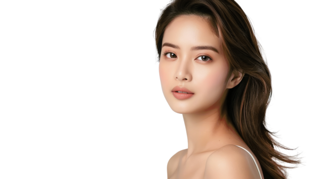 A young woman with long, dark hair looks directly at the camera with a soft smile. Her skin is clear and flawless.