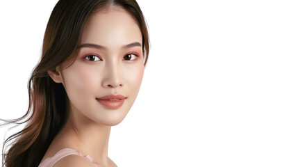 Fototapeta premium Close-up portrait of a beautiful young woman with long brown hair, looking directly at the camera with a soft smile.