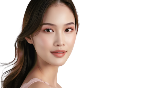 Close-up portrait of a beautiful young woman with long brown hair, looking directly at the camera with a soft smile.