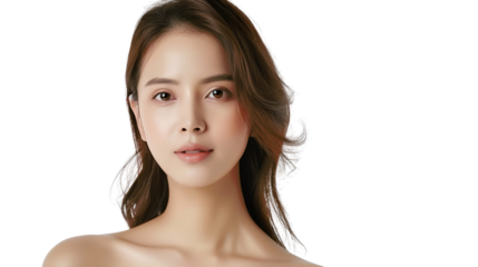 Portrait of a young woman with long brown hair, looking directly at the camera with a neutral expression.  She has smooth, flawless skin.  Her features are delicate and feminine.