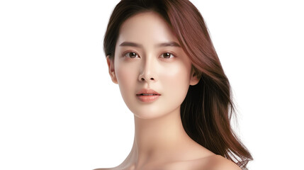 Fototapeta premium A young woman with long, flowing brown hair looks directly at the camera with a neutral expression. Her skin is flawless and her makeup is minimal.