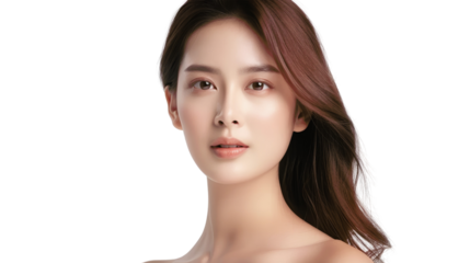 A young woman with long, flowing brown hair looks directly at the camera with a neutral expression. Her skin is flawless and her makeup is minimal.