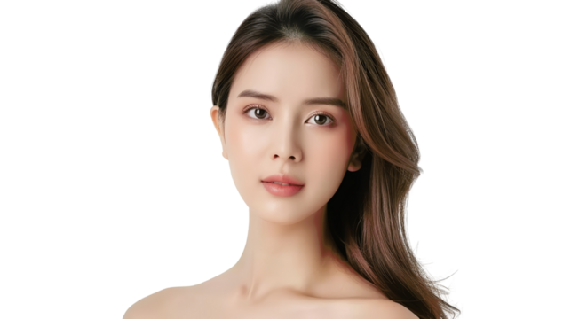 A young woman with long brown hair and flawless skin looks directly at the camera with a neutral expression.