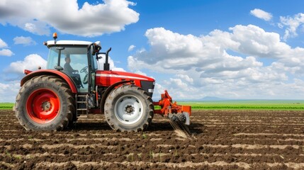 Obraz premium A red tractor with a rear-mounted cultivator works a field at sunset