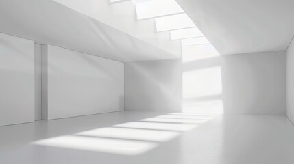 Obraz premium Modern minimalistic white interior with large windows and natural light creating elegant shadows in a spacious empty room.