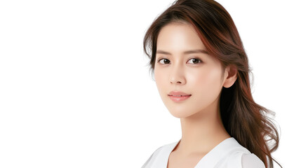 A young woman with long brown hair looks directly at the camera with a neutral expression. Her skin is clear and her lips are slightly parted.  She is wearing a white shirt.