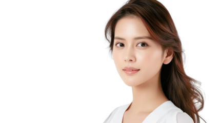 A young woman with long brown hair looks directly at the camera with a neutral expression. Her skin is clear and her lips are slightly parted.  She is wearing a white shirt.