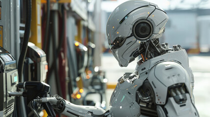 Fototapeta premium A futuristic robot refuels at a station, showcasing advanced technology and the integration of intelligent machines in everyday tasks in a sci-fi setting.