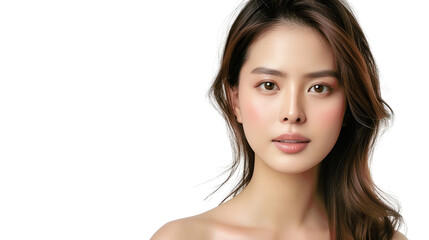 Obraz premium A young woman with long brown hair looks directly at the camera with a soft, natural expression. Her skin is smooth and flawless, and her eyes are bright and clear.