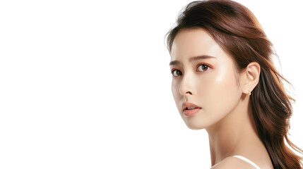 Obraz premium A young woman with long brown hair looks off to the side with a gentle expression. Her skin is smooth and glowing.