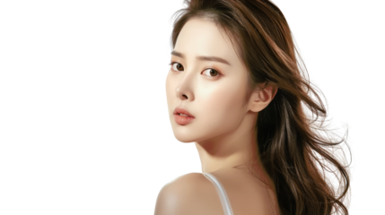 A young woman with long brown hair looks over her shoulder with a soft expression. Her skin is flawless and her eyes are captivating.