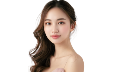 A young woman with long brown hair, wearing a pink dress, looks directly at the camera with a gentle smile.