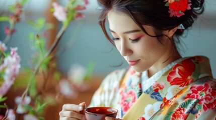 Fototapeta premium Japanese woman in kimono holds teacup among cherry blossoms, immersed in traditional tea ceremony with serene focus