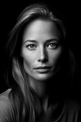 Fototapeta premium A woman with long hair and a dark face. The photo is black and white. The woman's face is the main focus of the image