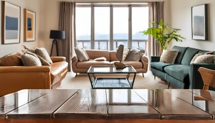 Modern living room interior with glass and wooden table top, Well-lit interior of a contemporary living room, where stylish comfort meets the natural warmth of wooden textures in modern home decor