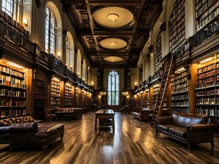 Fototapeta premium A large and luxurious library with tables and chairs with a large fireplace in the center