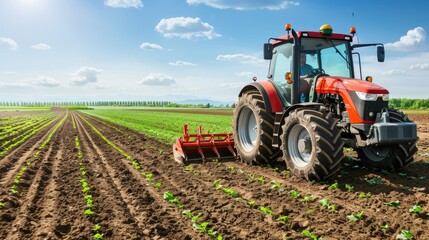 Obraz premium A red tractor with a rear-mounted cultivator works a field at sunset