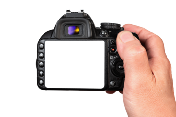 Hand Holding Digital Camera With Blank Screen Isolated On Transparent Background