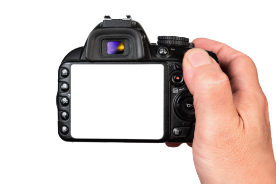 Hand Holding Digital Camera With Blank Screen Isolated On Transparent Background