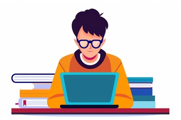 Illustration of a person using a laptop, surrounded by books, representing digital learning and studying online.