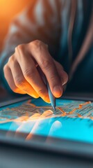 Close-up of a hand using a stylus on a digital map displayed on a tablet. Concept of modern navigation and technology.