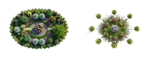 Top View Floral Arrangement in Garden on a Transparent Background. Top View of Flower Beds and Ornamental Grass.